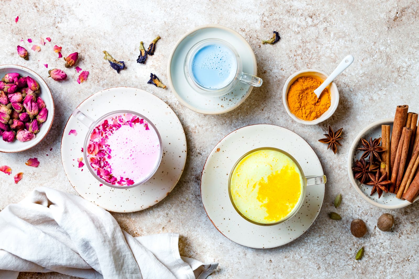 Variety of teas with rumeric, matcha and floral flavor cues